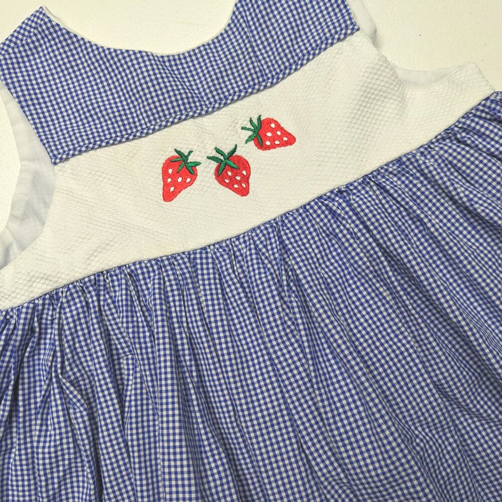 Vintage Peppermint Pony Dress Girls Size 2T Blue Gingham Strawberry Sundress - Picture 2 of 5